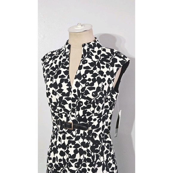 Adrianna Papell Black & White Leaf Print Split Neck Belted Sheath Dress Size 4 - Picture 3 of 8